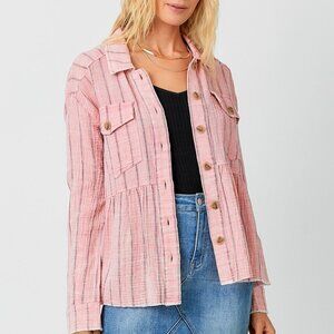 MYSTREE Pink Striped Button Front Shacket, Lightweight Gauze Jacket Top, Western